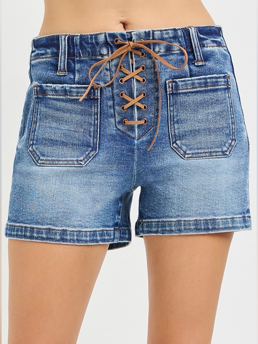 🩵Hello Gorgeous! RISEN High Rise Front Tie Up Shorts with Patch Pockets